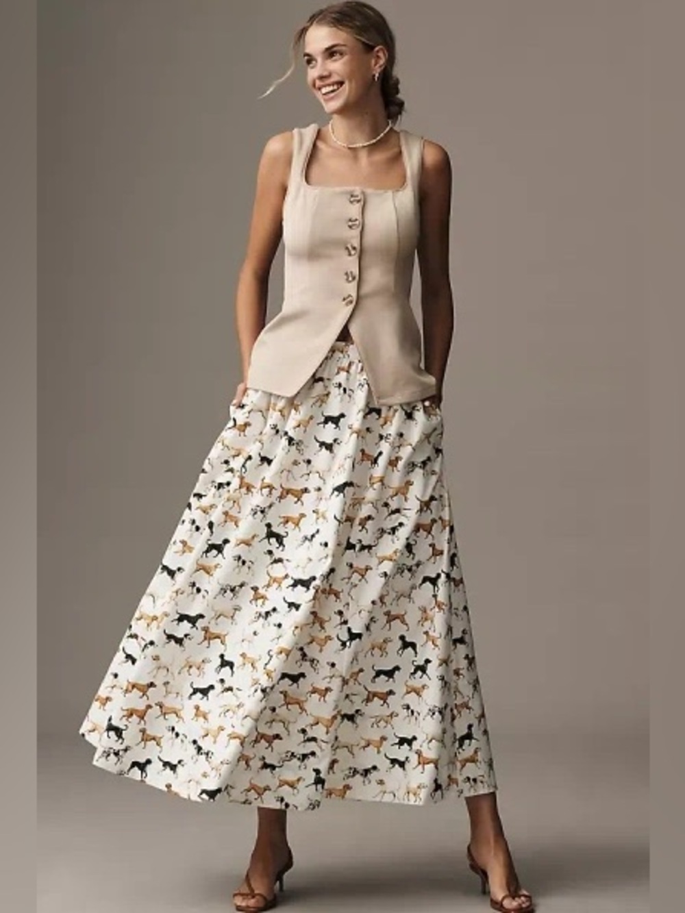 Anthropologie Maeve The Jacie Poplin Dog Lovers Printed maxi skirt